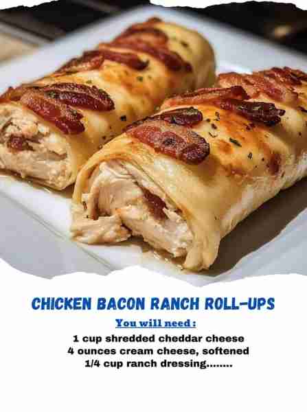 Chicken Bacon Ranch Roll-Ups Ingredients: 2 cups cooked chicken breast, shredded or chopped 6 sli...