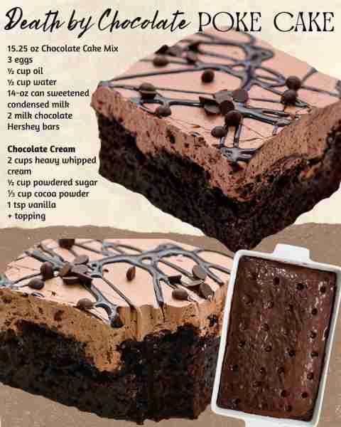 DEATH BY CHOCOLATE POKE CAKE! 15.25 oz Chocolate Cake Mix 3 eggs ½ cup oil ½ cup water 14-oz can swe...