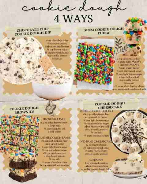 COOKIE DOUGH 4 WAYS! COOKIE DOUGH DIP: 1 cup chocolate chips 8 oz cream cheese 6 tbsp unsalted butte...
