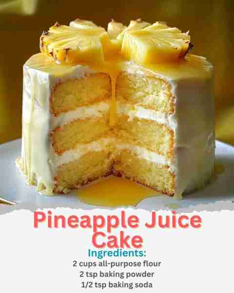 Pineapple Juice Cake Ingredients: 2 cups all-purpose flour 2 tsp baking powder 1/2 tsp baking soda 1...