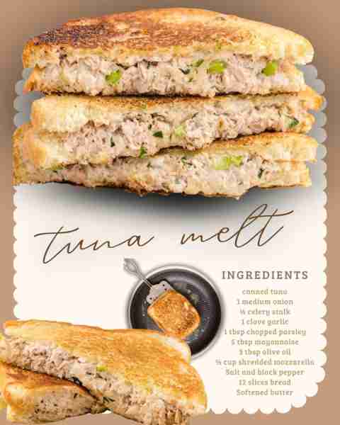 Tuna Melt! Ingredients 4 (5-ounce) cans of tuna (water or oil), drained 1 medium onion, chopped (abo...
