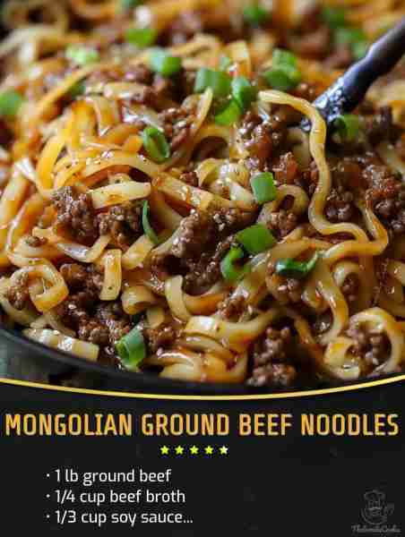Mongolian Ground Beef Noodles Ingredients: 1 lb ground beef 5 cloves garlic, minced 1/3 cup brown su...