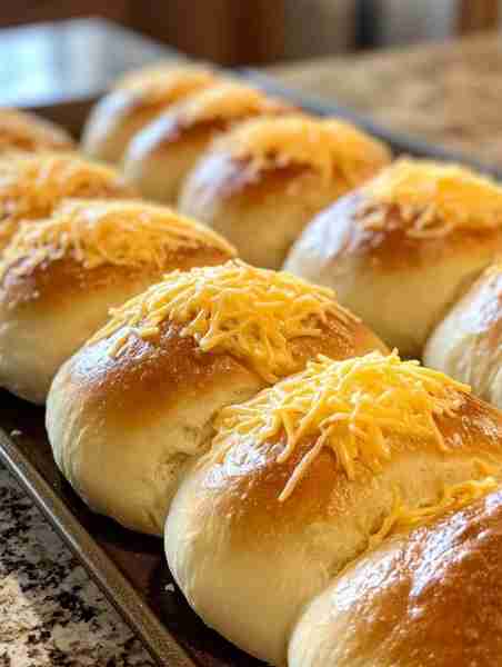 Cheesy Baked Buns 🧀🥯🍽 Golden buns with cheesy tops—fluffy inside, crusty outside. Simple to make a...