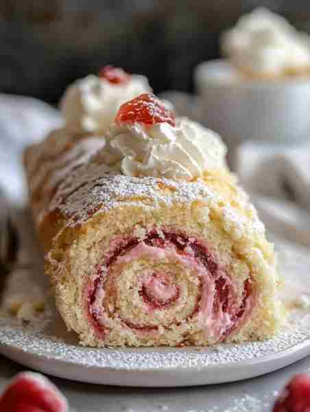 Rhubarb Jellyroll Cake 🍰🌿🍓 This classic roll cake is light, fluffy, and bursting with the sweet z...