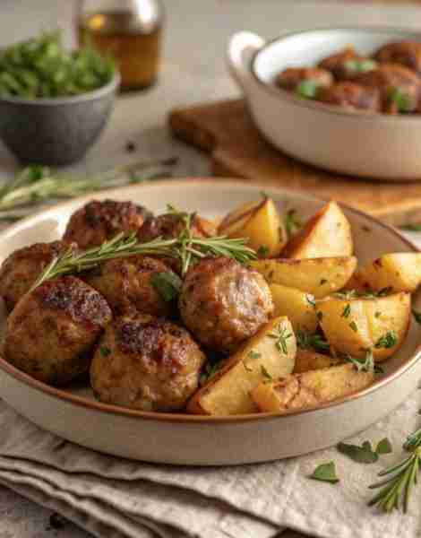 Keftedakia me Patates Crispy little meatballs, tender potatoes, and all the Greek comfort you need o...