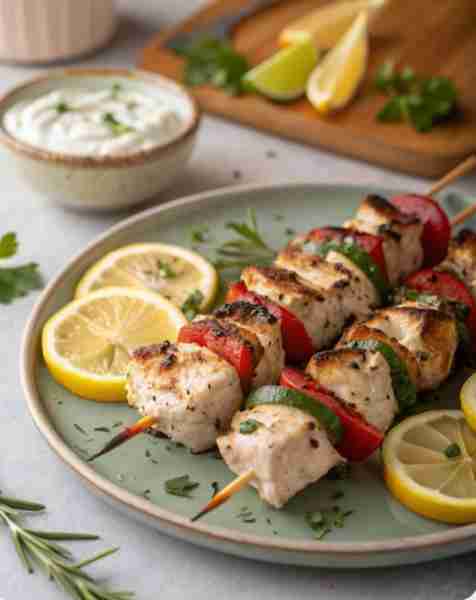 Chicken souvlaki made simple: marinated in lemon, garlic, and oregano, grilled on skewers, and serve...
