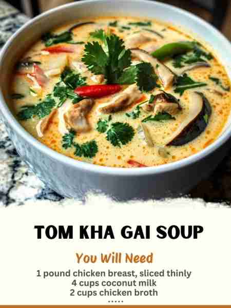 Tom Kha Gai Soup Ingredients: 1 pound chicken breast, sliced thinly 4 cups coconut milk 2 cups chick...