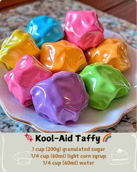 🍬 Kool-Aid Taffy 🌈 Ingredients: 1 cup (200g) granulated sugar 1/4 cup (60ml) light corn syrup 1/4...
