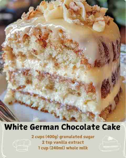 🍰 White German Chocolate Cake 🍫 Ingredients: For the Cake: 2 1/2 cups (310g) all-purpose flour 2 1...