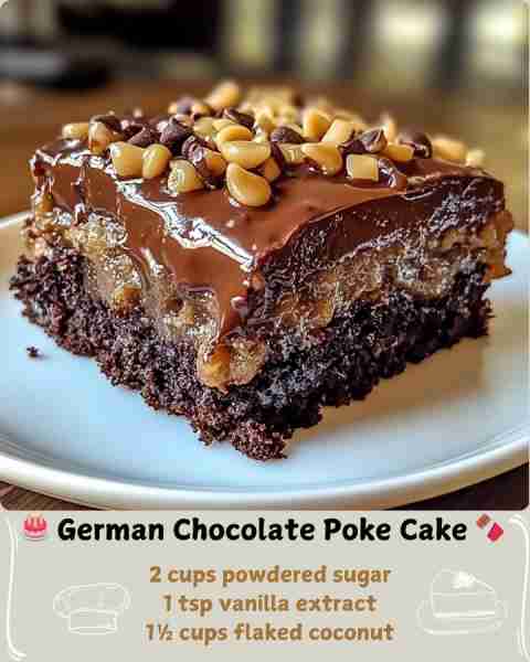 🎂 German Chocolate Poke Cake 🍫 Ingredients For the cake: 1 (18.25 oz) package German chocolate cak...
