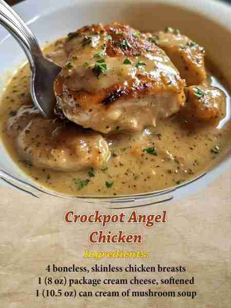 Crockpot Angel Chicken Ingredients: 4 boneless, skinless chicken breasts 1 (8 oz) package cream chee...