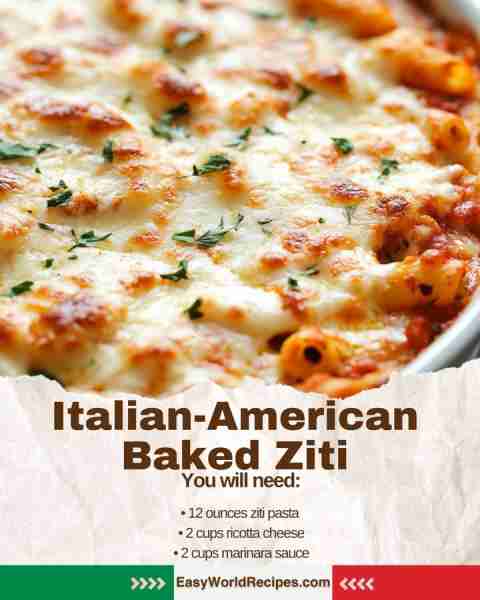 🇮🇹 Italian-American Baked Ziti (Cheesy Pasta Bake) Layers of ziti pasta, creamy ricotta, and marinar...