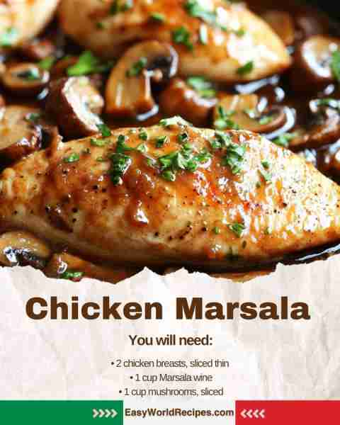 🇮🇹 Chicken Marsala (Chicken in Wine Mushroom Sauce) Golden chicken breasts simmered in a rich, savor...