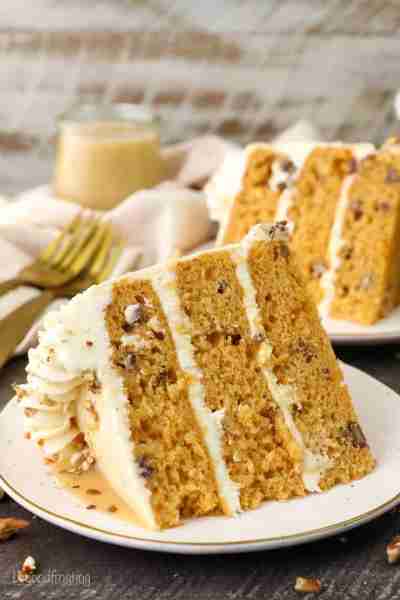 Three layers of moist cake, toasted pecans, and creamy brown butter frosting—all finished with a dri...