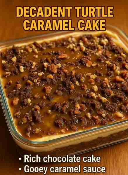 Decadent Turtle Caramel Cake Recipe: - Rich chocolate cake - Gooey caramel sauce - Crunchy pecans Fu...