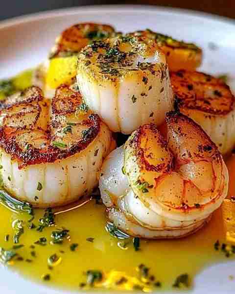 LOBSTER & SCALLOPS IN LEMON HERB BUTTER 🍋🦞 Ingredients: - 6 large sea scallops, patted dry - 2 lob...