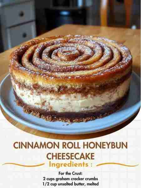 Cinnamon Roll Honeybun Cheesecake Ingredients: 1 ½ cups graham cracker crumbs 1/3 cup melted butter...