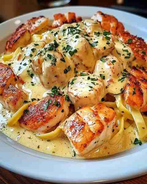 CAJUN LOBSTER, CRAB AND SALMON ALFREDO Ingredients: 1 lobster tail, split 6 oz fresh crab meat 6 oz...