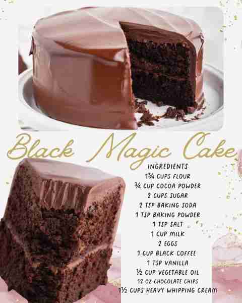 Amazing BLACK MAGIC CAKE! ~~ 1¾ cups all-purpose flour ¾ cup unsweetened cocoa powder 2 cups granula...