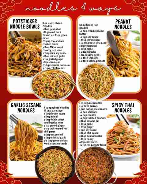 EASY NOODLE RECIPES! POTSTICKER NOODLE BOWLS: 8 oz wide LoMein Noodles 1 tbsp peanut oil 1 lb ground...