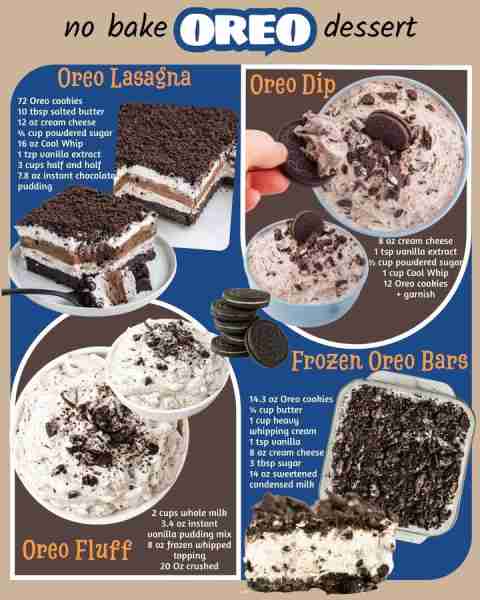 NO-BAKE OREO DESSERT! OREO LASAGNA: 72 Oreo cookies 10 tbsp salted butter 12 oz cream cheese ¾ cup p...