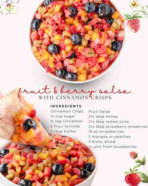 Fruit Salsa with Cinnamon Chips! Ingredients: Cinnamon Chips ¼ cup sugar ¾ teaspoon cinnamon 6 flour...