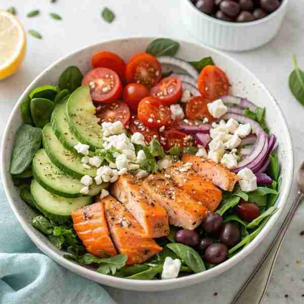 Mediterranean Salmon Salad Bowl 🥗🐟🍅🥒🧀🫒🧅🌿 Ingredients: 🐟 Grilled salmon fillets 🥬 Romaine o...