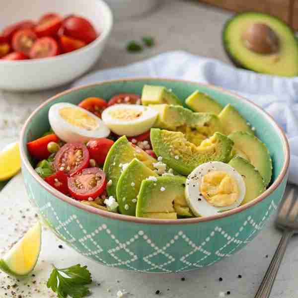 Avocado Egg Salad Bowl 🥗🥑🥚🍅🧂 Ingredients: 🥬 Chopped green leaf lettuce 🥑 Ripe avocado, cubed...