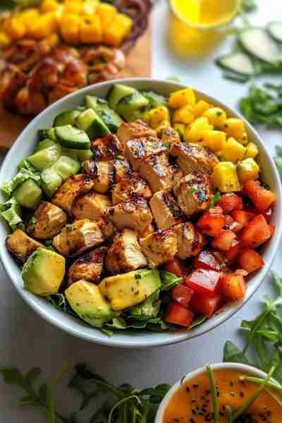 Grilled Chicken Rainbow Bowl 🥗🍗🥑🥭🥒🍅 Ingredients: 🍗 Grilled chicken breast, cubed 🥬 Mixed gre...