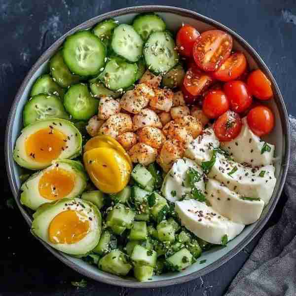 Protein Power Salad Bowl 🥗🍳🥒🍅 Ingredients: 🥒 Sliced cucumber 🍅 Cherry tomatoes 🧀 Fresh mozzar...