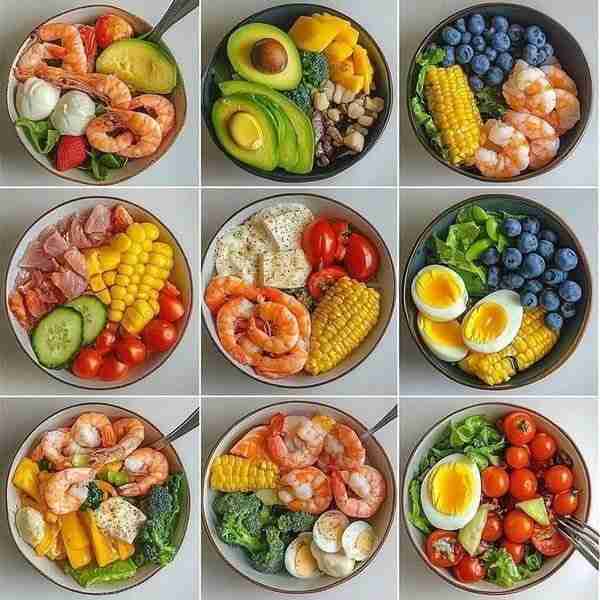 1. Shrimp Caprese Bowl 🦐🍓🍅🥑🥬🧀 Shrimp, mozzarella balls, strawberries, tomatoes, avocado, spina...