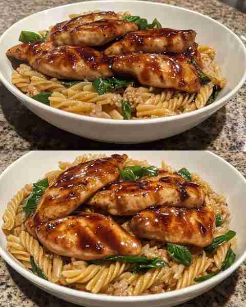 Honey Glazed Chicken with Brown Rice Pasta Sweet and Savory Honey Glazed Chicken on Brown Rice Fusil...
