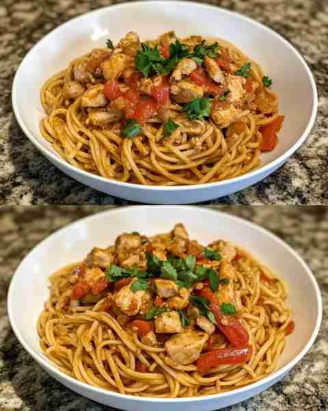 Roasted Sweet Pepper Pasta with Turkey Charred Sweet Pepper Fusilli with Herbed Ground Turkey Ingred...