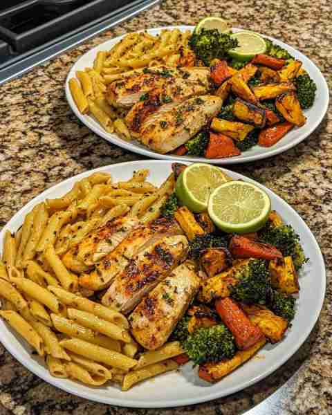 Zesty Lime Chicken with Roasted Veggie Penne Bright Citrus Chicken Tossed with Charred Vegetables an...