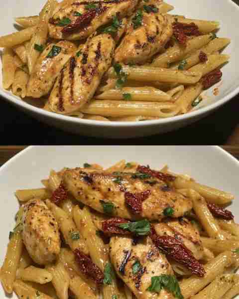 Grilled Chicken with Sun-Dried Tomato Penne Flame-Grilled Chicken over Creamy Sun-Dried Tomato Penne...
