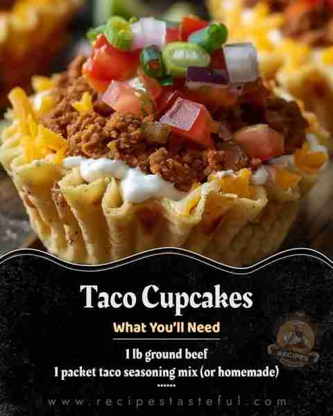 OMG TACO CUPCAKES 🌮 🤤 Ingredients: 1 lb ground beef 1 packet taco seasoning 1 cup shredded cheddar...