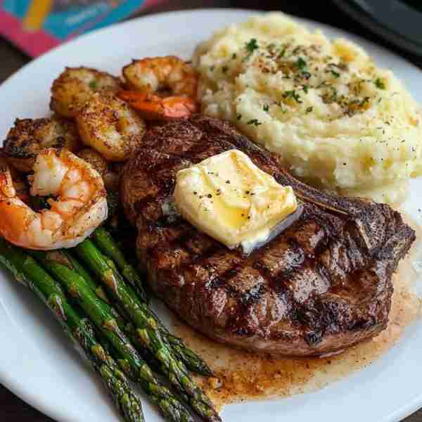 Grilled Ribeye with Spicy Shrimp, Mashed Potatoes, Roasted Asparagus & Biscuit Ingredients: For the...