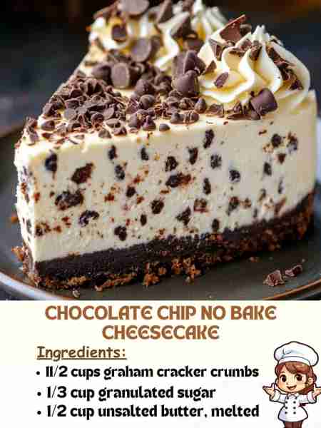 Chocolate Chip No Bake Cheesecake Ingredients 1½ cups graham cracker crumbs ⅓ cup granulated sugar ½...
