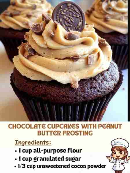 Chocolate Cupcakes with Peanut Butter Frosting Ingredients: 1 cup all-purpose flour 1 cup granulated...