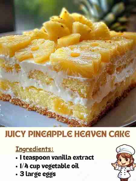 Juicy Pineapple Heaven Cake Ingredients 1 teaspoon vanilla extract 1/4 cup vegetable oil 3 large egg...