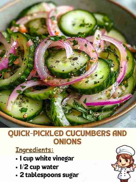 Quick-Pickled Cucumbers and Onions Ingredients 1 cup white vinegar 1/2 cup water 2 tablespoons sugar