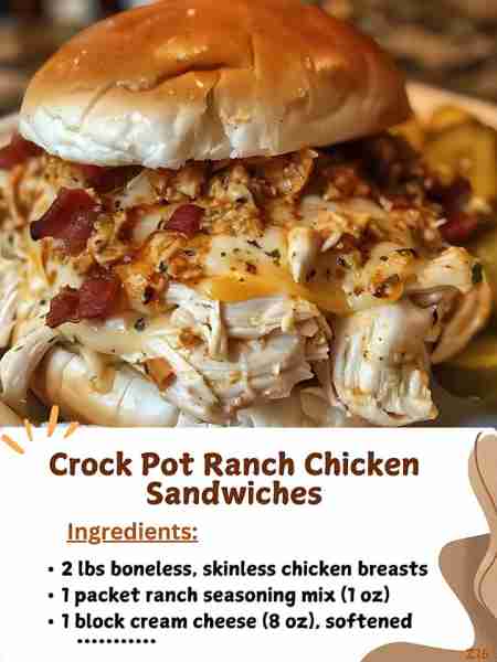 Crock Pot Ranch Chicken Sandwiches Ingredients: 2 lbs boneless, skinless chicken breasts 1 packet ra...