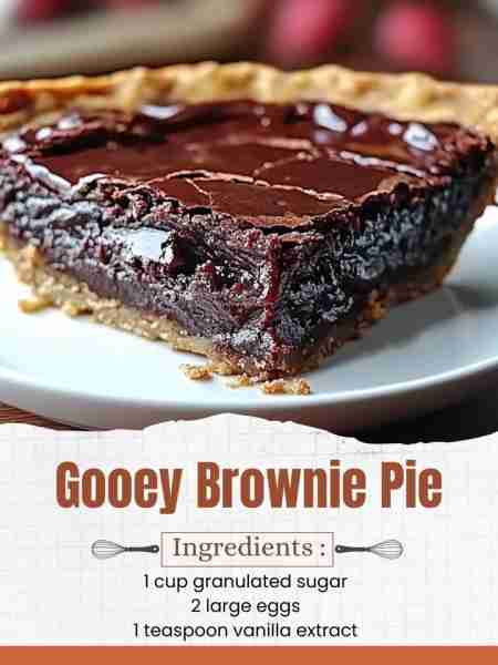 Gooey Brownie Pie Ingredients: 1/2 cup unsalted butter, melted 1 cup granulated sugar 2 large eggs