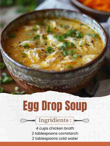 Egg Drop Soup Ingredients: 4 cups chicken broth 2 tablespoons cornstarch 2 tablespoons cold water