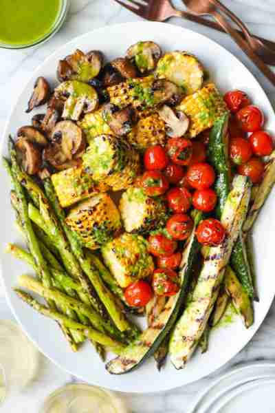 Easy Grilled Vegetables - Perfectly crisp-tender grilled veggies served with an amazing, tangy, garl...