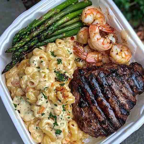 🍽️ Surf & Turf Box with Mac & Cheese and Asparagus 🥩 Grilled Steak Ingredients: 2 ribeye or NY stri...