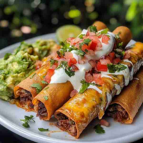Crispy Steak Taquitos with Homemade Cheese Sauce, Sour Cream, Pico de Gallo, and Cilantro Ingredient...