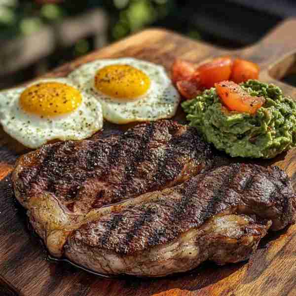 Grilled Ribeye Steak with Sunny-Side-Up Eggs and Guacamole Ingredients (Serves 2)For the Grilled Rib...