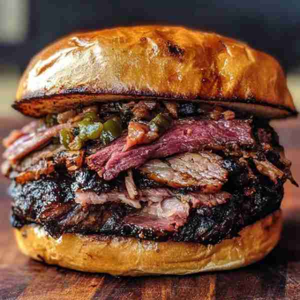 Texas-Style Smoked Brisket Sandwich Ingredients (Serves 4)For the Smoked Brisket: 3 lbs (1.4kg) beef...