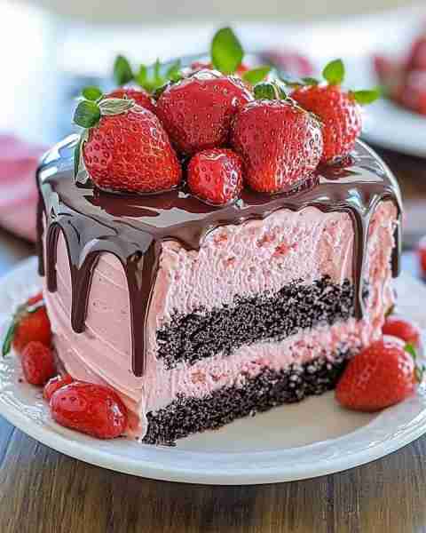 🍓🍫✨ Decadent Strawberry Chocolate Fantasy Ice Cream Cake ✨🍫🍓 📝 Ingredients: 1 box 🍪 chocolat...